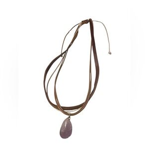 Amethyst Pendant on Leather Necklace Adjustable Brown and Tan Multi Strand